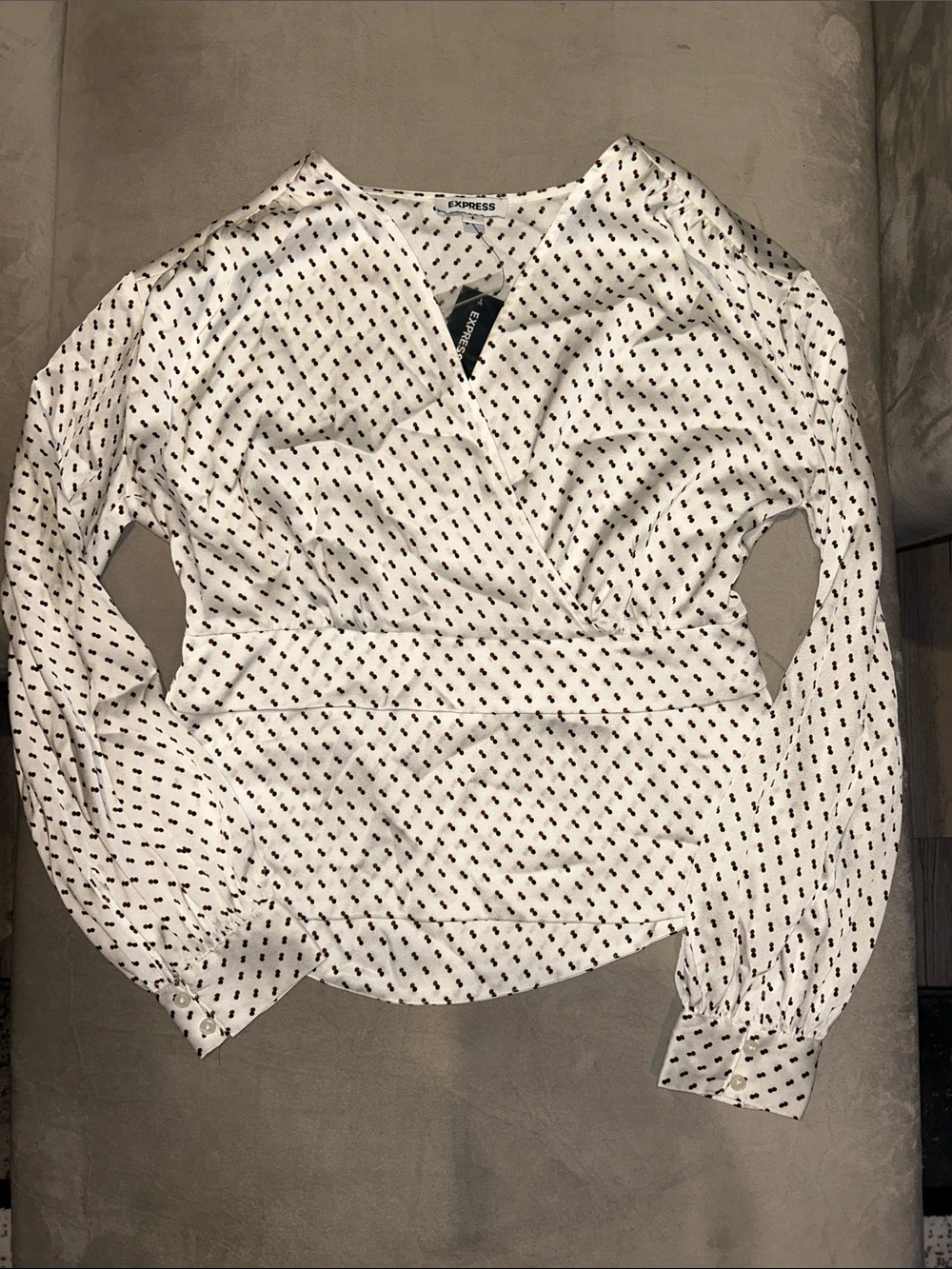 Express White Wrap-Style Polka Dot Long Sleeve Blouse